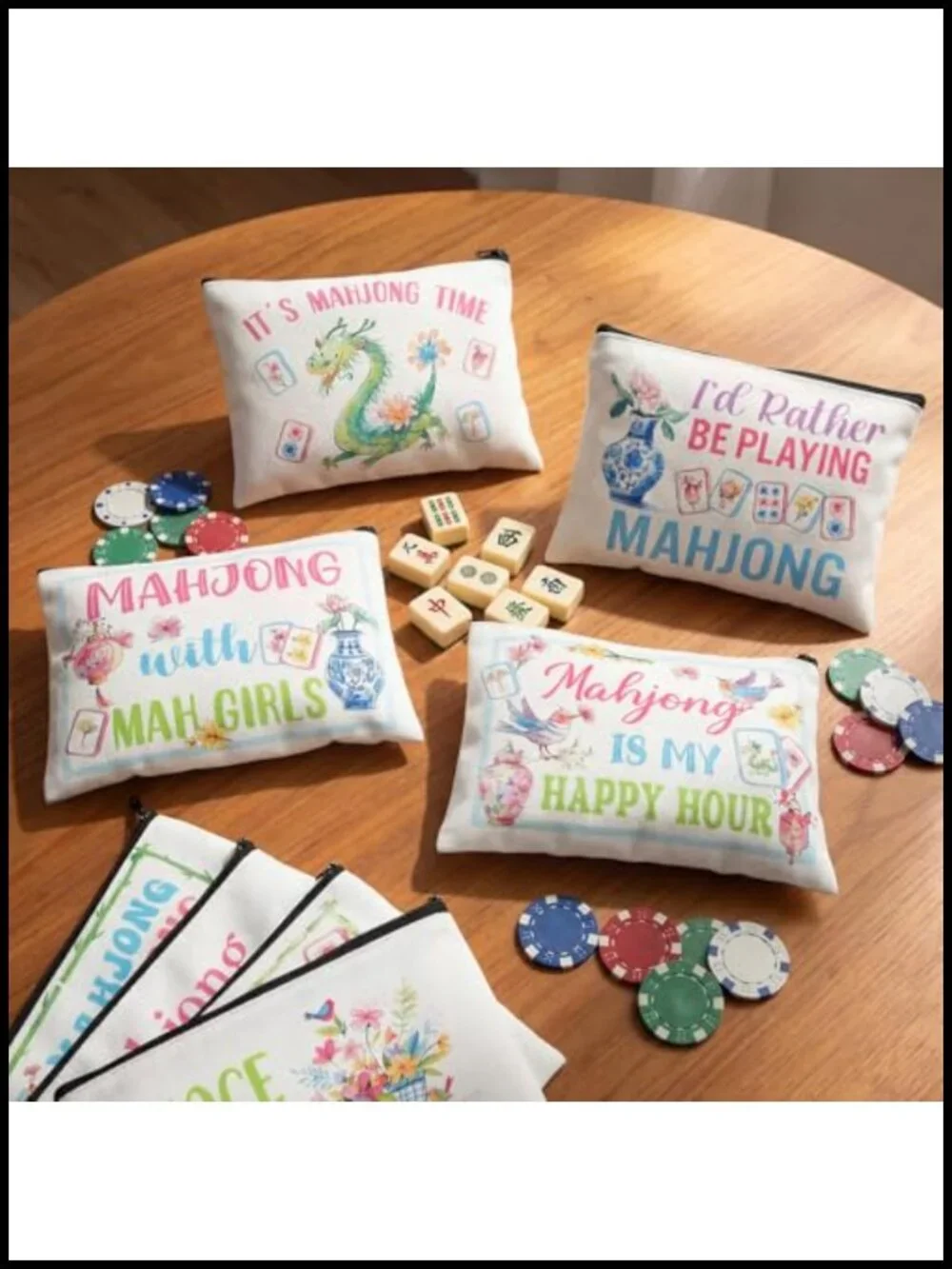 9 Canvas Mahjong Cosmetic Bags for Women Makeup Pouch Zipper Storage Gift Set